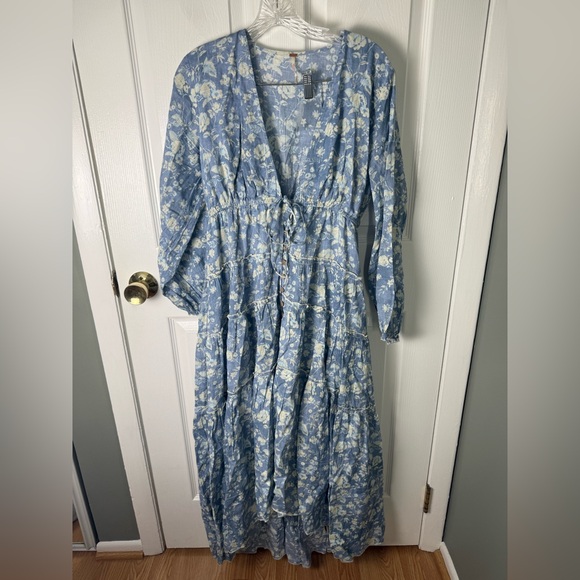 Free People Pappiet Cotton Midi Dress in Bluebell Combo L - Picture 2 of 9